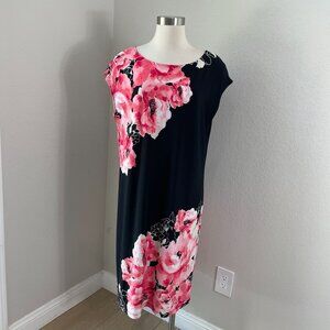 Chicos Womens XL Floral Dress Black Pink Cap Sleeve Stretch Shift Knee Length